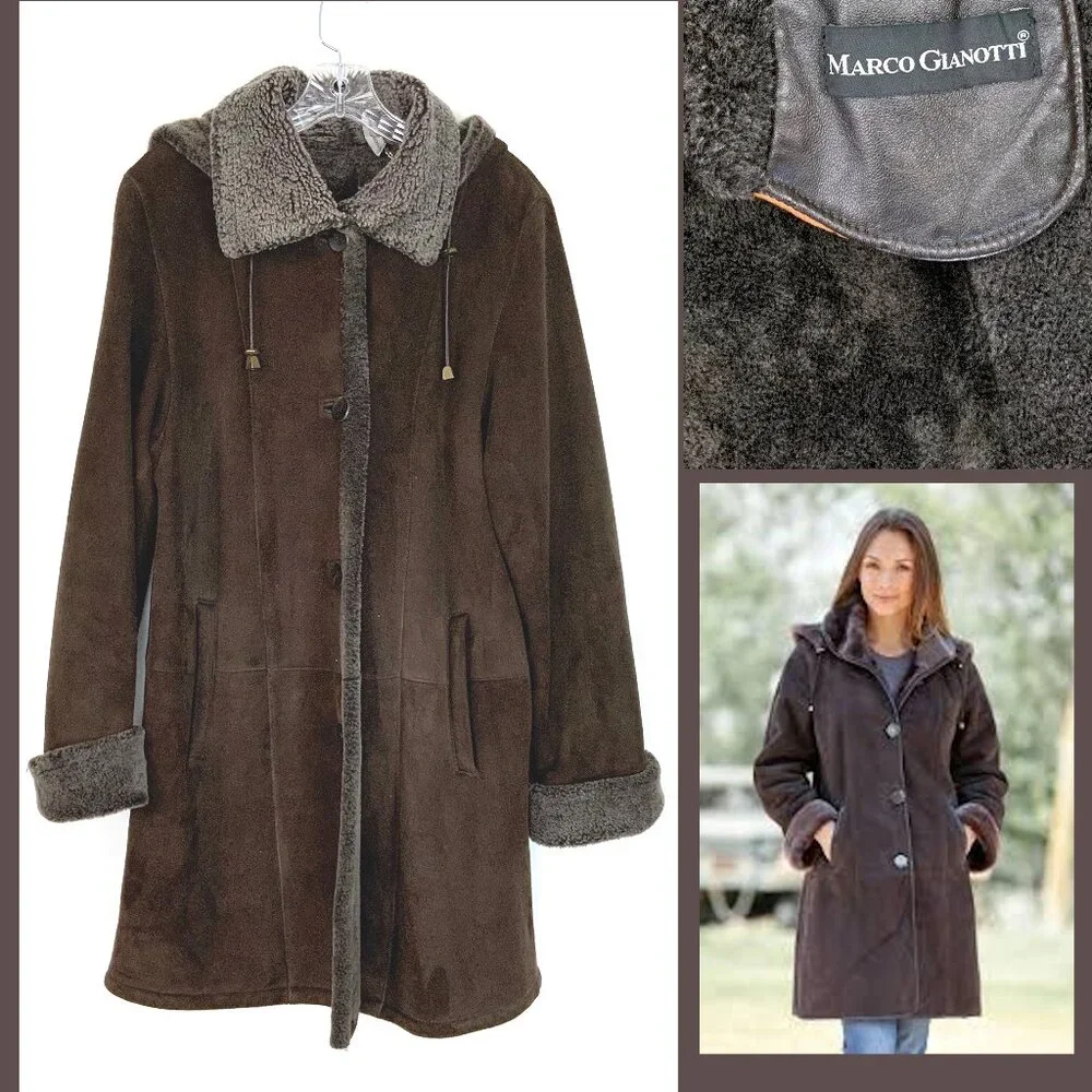 Marco Gianotti Macy's Brown Genuine Sherling Hooded Coat Sz 8 - Picture 1 of 16